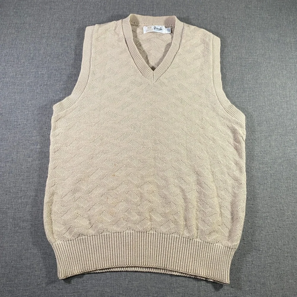 Pringle of Scotland Vintage Mens L Sweater Vest Beige Diamond‎ Knit Sleeveless